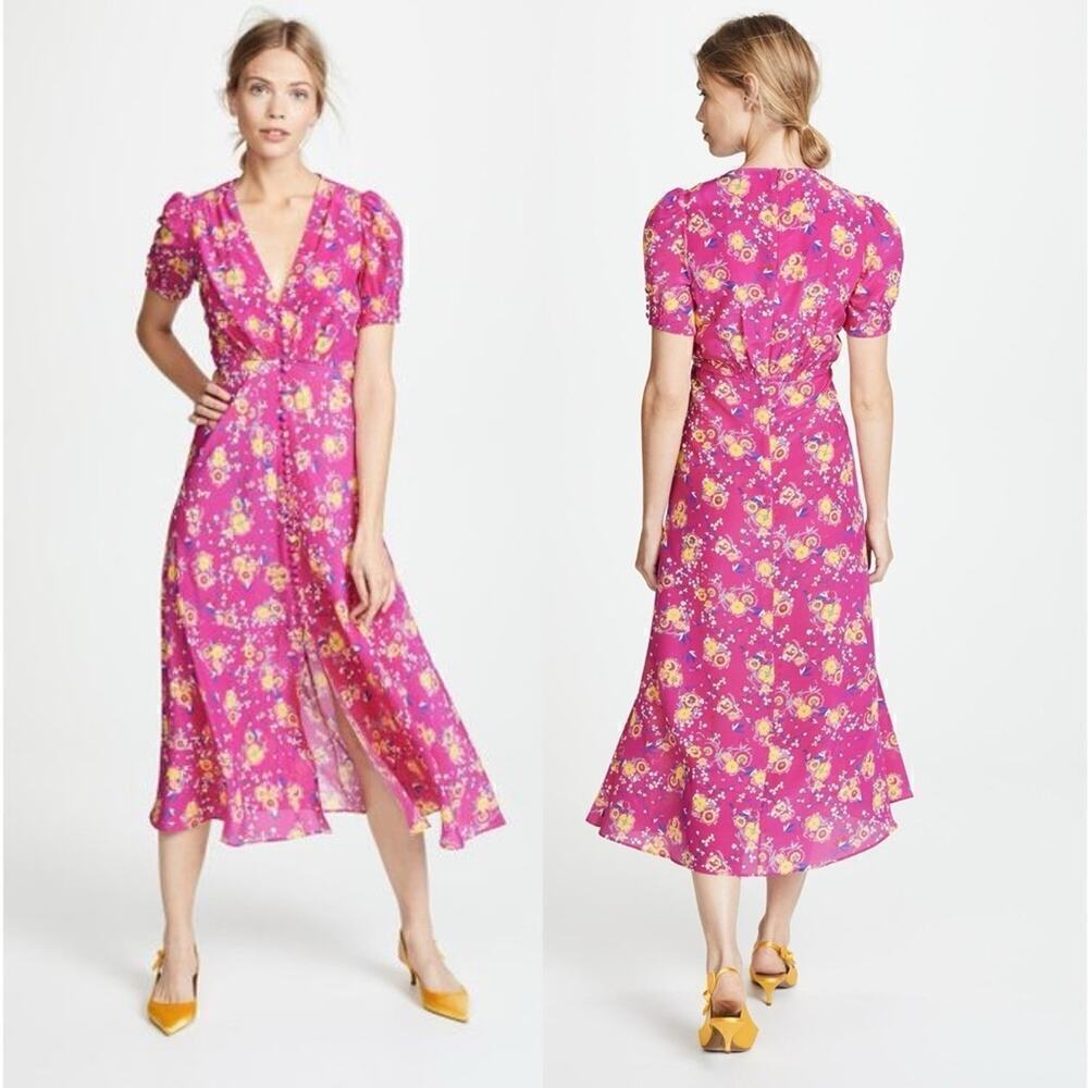 SALONI Lea Silk Midi Dress Pink Yellow Microfloral Puff Sleeve Size 0